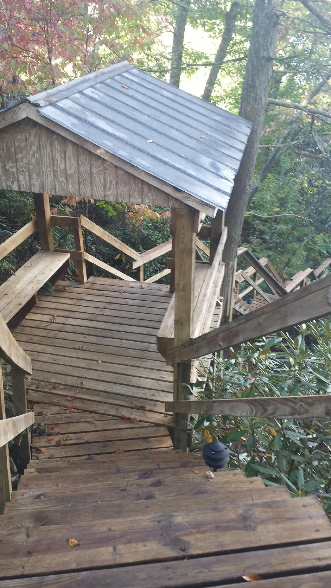 Metal roofed shelter over wooden steps on a wooded walkway — Skylight Repair & Installation work by our crew in Leonidas